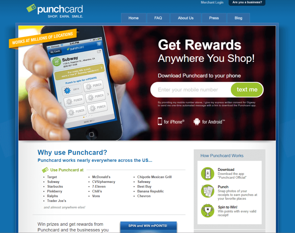 screenshot of punchcard website