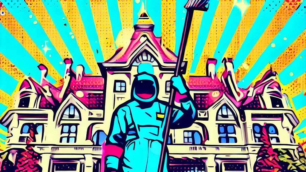 pop art style graphic of cleaning superhero in front of house