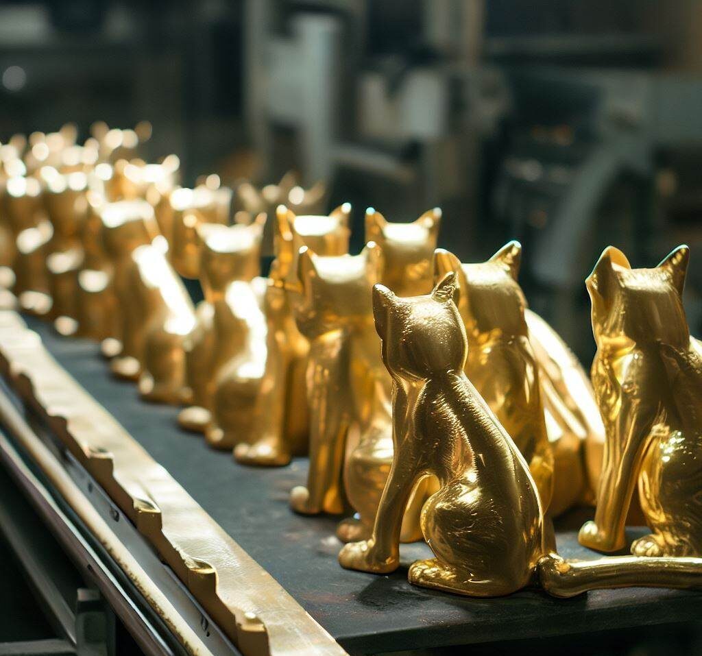 Gold cats lined up on a factory conveyor belt
