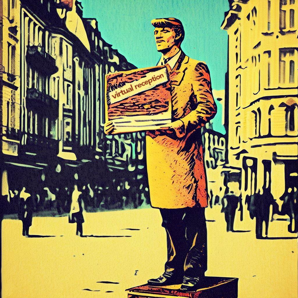 A graphic poster print 1970 style of a person on a plinth holding up a placard that says virtual reception