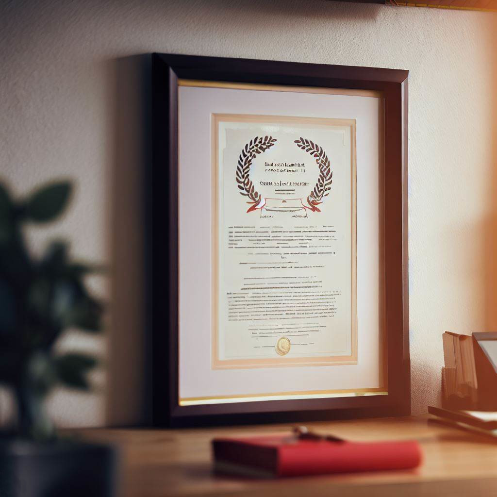 A data entry certificate on a wall in a home office.