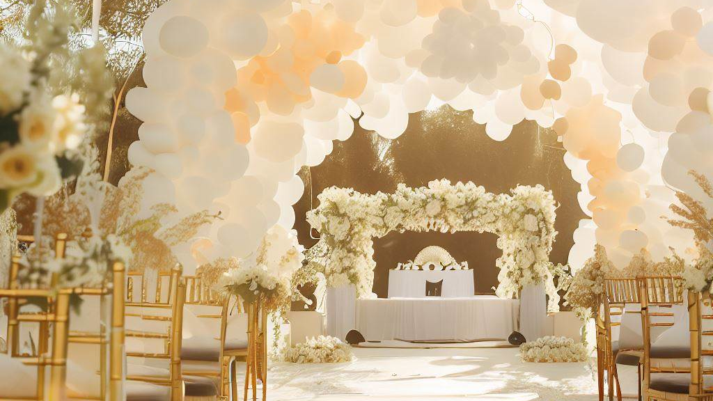 Wedding event with gold chairs and white balloons