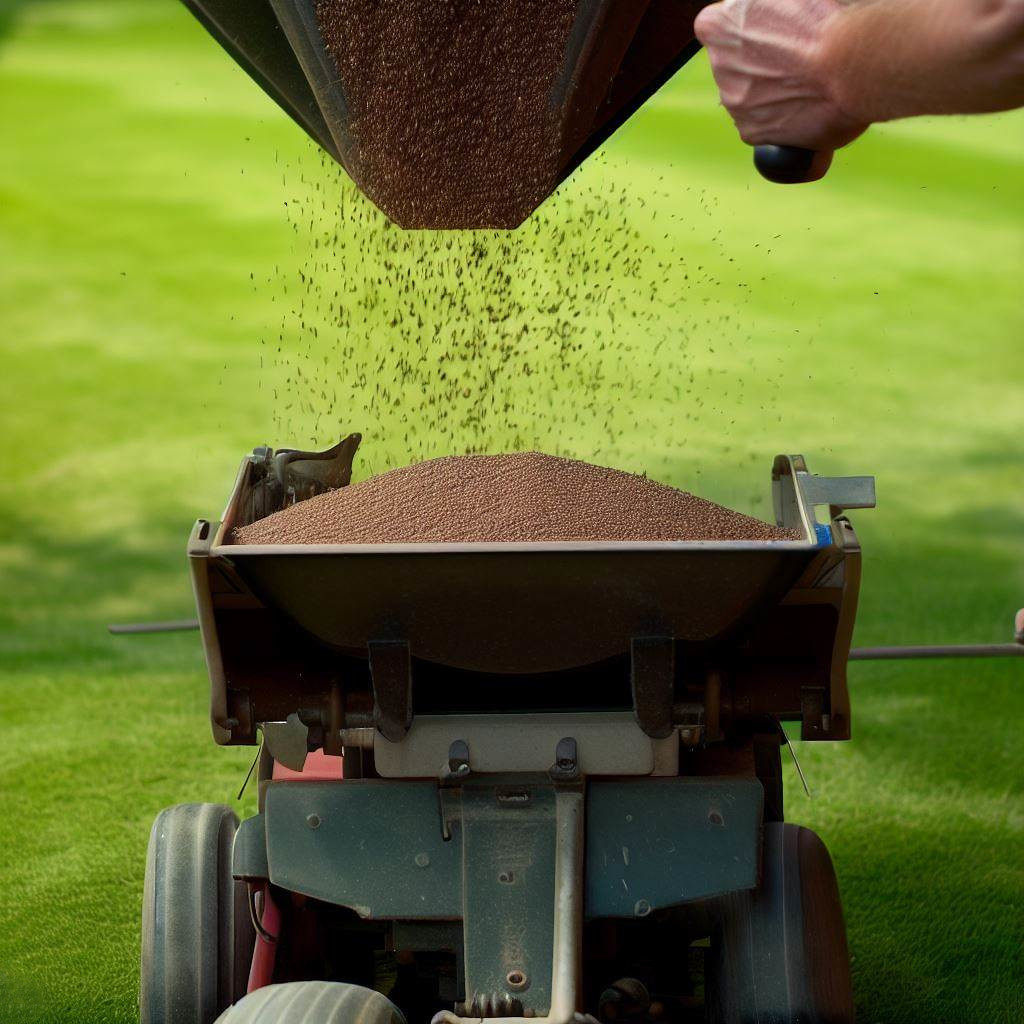 Pouring grass seed into a seed spreader